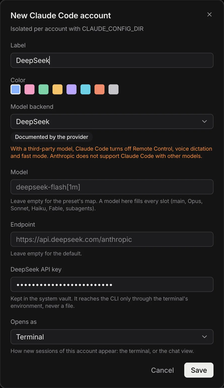New Claude Code account dialog with label, color, the DeepSeek model backend, model, endpoint and API key